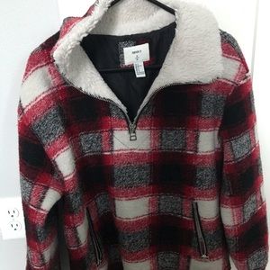 Plaid fleece quarter zip with fur around neck